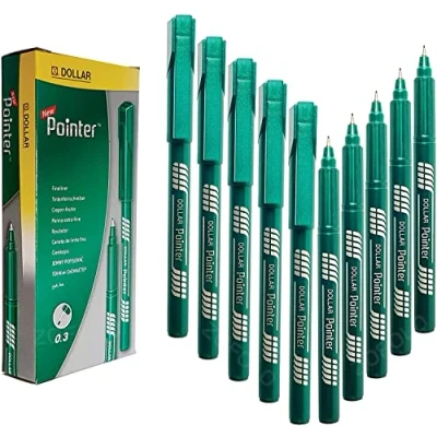 Image of DOLLAR Fineliner Pens, GREEN, 0.3mm Ultra Fine Felt Tip, Pack of 10, Precise Writing, Write Draw Sketch Colour Mark Line Pens