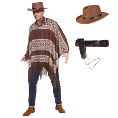 Image of Western Cowboy Poncho + Gunslinger Hat Deluxe Brown Holster : Adult Wild West Drifter Gunman Mens Fancy Dress Costume