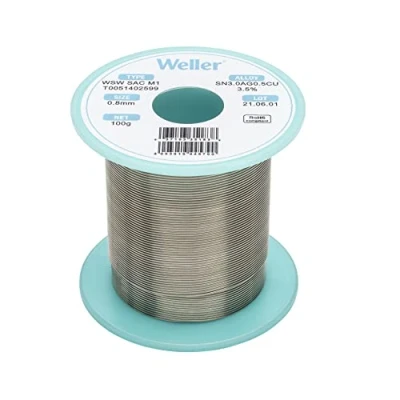 Image of Weller WSW SAC M1 (T0051402599) Lead Free Solder Wire, Ø 0.8mm, Alloy Sn96.5Ag3.0Cu0.5, Flux Content 3.5%, 100g, Silver