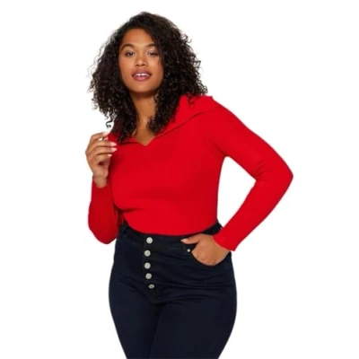 Image of Trendyol FeMan Plus Size Fitted Bodycon Boat Neck Knitwear Jumper,Red,2XL