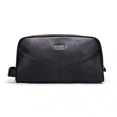 Image of Contacts Genuine Leather Toiletry Bag Zipper Dopp Kit Travel Handbag Clutch Overnight Wash Gym Shaving for Men/Women (Black)
