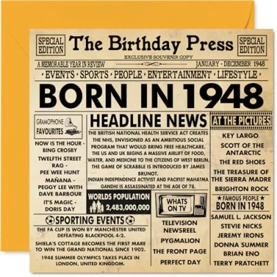 Image of 76th Birthday Cards for Men Women Born In 1948 Newspaper Happy 76 Card Grandad Grandma Nan Vintage Retro Back 1948, 145mm x Seventy Six Sixth Bday Greeting