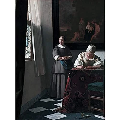 Image of Artery8 Vermeer Woman Writing Letter Maid Painting Art Print Canvas Premium Wall Decor Poster Mural