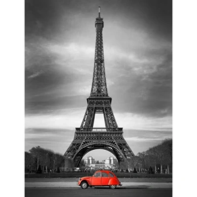 Image of Eiffel Tower In Paris Red Car Art Print Poster Wall Decor