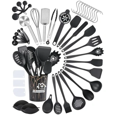 Image of Czemo Kitchen Utensils Set, 43 Piece Silicone Utensil Cooking Heat Resistant Cookware with Holder, Non Stick Utensils, Black