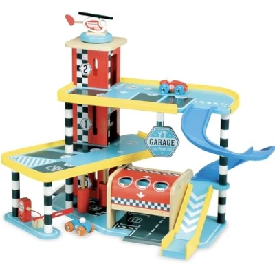 Image of Vilac Wooden Pretend Play Grand Garage, Includes 2 Cars 1 Helicopter and Traffic Signs, Wood Bright Design, 3 Years+
