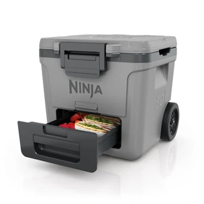 Image of Ninja FrostVault Heavy Duty Insulated Cool Box, Wheeled Premium Cooler with Dry Zone Integrated Fridge Temp Storage Drawer, Keeps Ice for Days, Fits up to 48 Cans, Slate Grey, FB230UKGY