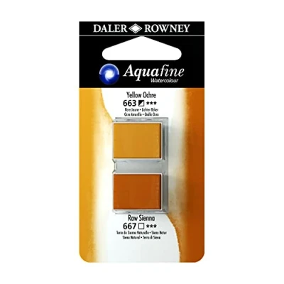 Image of Daler Rowney Aquafine Watercolour Paint, Blister Pack, Half Pan Pan, Yellow Ochre and Raw Sienna, 2 Pack