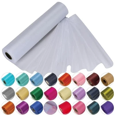 Image of Trimming Shop Organza Roll Snow Sheer Glitter Fabric Elegant Decorative Cloth for Chair Bow Sash, Table Runner,Wedding Venue, Party Decoration, 25m x 29cm, White