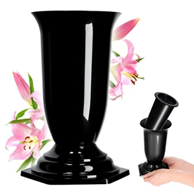 Image of KADAX Grave Vase, Plastic Memorial Weatherproof Flower Holder for Cemetery, Graveside Ornament Artificial Flowers (23 cm, Black)