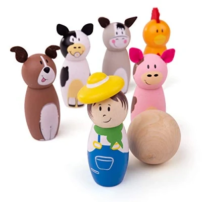 Image of Bigjigs Toys Farm Wooden Skittles for Toddlers with 6 Animal &amp; 1 Bowling Ball, Educational Toy Gifts Kids aged 2 years +