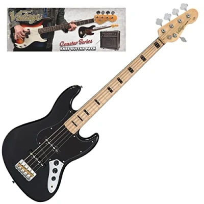 Image of VINTAGE V495 COASTER 5 STRING BASS GUITAR PACK GLOSS BLACK