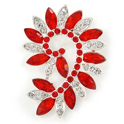 Image of Avalaya Large Siam Red/Clear Corsage Brooch in Silver Tone Metal 65mm L