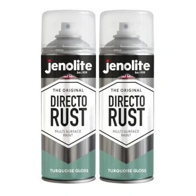 Image of JENOLITE Directorust Gloss Spray Paint TURQUOISE BLUE 2 x 400ml Direct To Rust For Metal Multi Surface Wood, Metal, Plastic, Ceramic RAL 6024