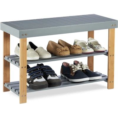 Image of Relaxdays Bamboo Shoe Bench, 2 Tier, Overt, Storage Rack, Seating, Natural Grain, HWD: 45x70x28.5 cm, Grey
