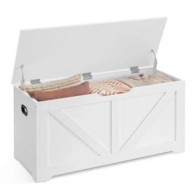 Image of VASAGLE Storage Chest, Bench, Blanket Box with 2 Safety Hinges, Shoe Farmhouse Style, 40 x 100 46 cm, for Hallway, Bedroom, Living Room, Cloud White LSB060T14