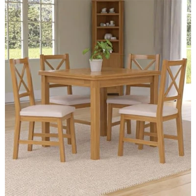 Image of Hallowood Furniture Waverly Extending Dining Table and Chairs Set 4, Light Oak Extendable Cross Back with Beige Fabric Seat, Small for Home Cafe