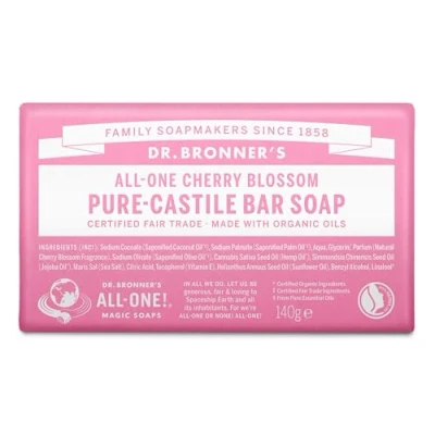 Image of Dr Bronner&#039;s Cherry Blossom Pure Castile Bar Soap, Made with Organic Ingredients and Essential Oils, Used for Face, Body Hair, Certified Fair Trade &amp; Vegan Friendly, 140g