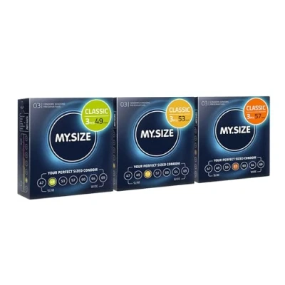 Image of MY.SIZE Classic Condoms 3 Piece Trial Pack I 49, 53, 57 mm Width 3x3 Pieces Premium Extra Thin True to Touch Gossamer 0,07 Wall Thickness Vegan
