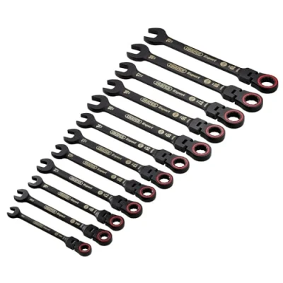 Image of Draper Expert HI TORQ Metric Flexible Head Ratchet Combination Spanner Set, Black (12 Piece)