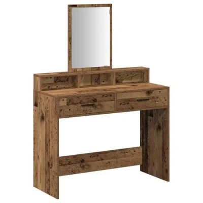 Image of vidaXL rustic wooden dressing table with mirror solid oak wood 3 drawers ample storage for bedroom brown lacquered finish dimensions: 100 x 41 140 cm assembly required