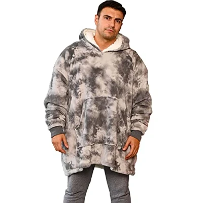 Image of Dreamscene Tie Dye Oversized Hoodie Blanket Pullover Soft Sherpa Fleece Comfy Wearable Throw Giant Sweatshirt Pastel Charcoal Grey