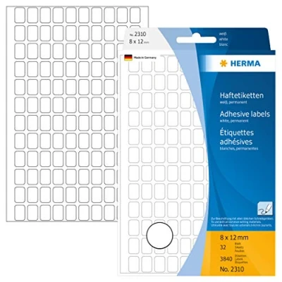 Image of HERMA Multi Purpose Labels, 120 Labels per Sheet, 32 Sheets, 8 x 12 mm, 3840 Self Adhesive Mini Stickers, Blank Sticky for Office Kitchen Home, White