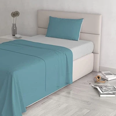 Image of Italian Bed Linen Natural Color Set (Flat 180x300, Fitted Sheet 120x200cm+Pillowcase 52x82cm), Petrol Bottle Green, Ottanio/Light Gray, SMALL DOUBLE