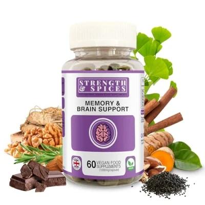 Image of Strength &amp; Spices Memory Booster and Focus Supplement with Ginkgo Biloba 22 Super Ingredients, Plant Based Brain for Improved Mood, Clarity, Alertness, 1000mg, 60 Capsules