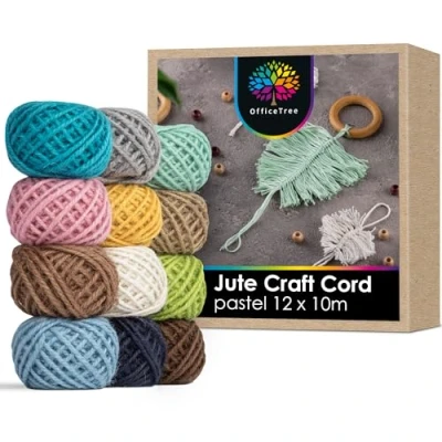 Image of OfficeTree 12 x 10m Pastel Coloured Jute Twine 2mm 33&#039;ft String for Crafting Gardening Gift Wrapping Parcel