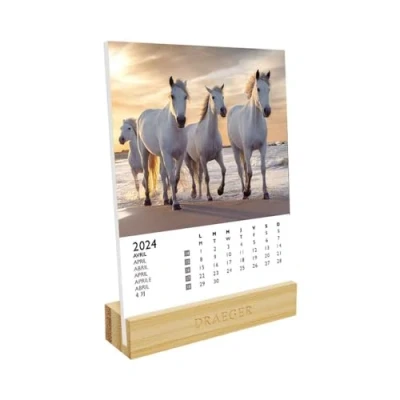 Image of DRAEGER PARIS Calendar on Stand Horses 2024 12 x 16.5 cm Year 7 Languages Monthly Desk Decoration Bamboo Base FSC® Certified Paper Vegetable Inks