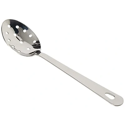 Image of Genware 300112 Stainless Steel Perforated Spoon with Hanging Hole, 12 inches Length