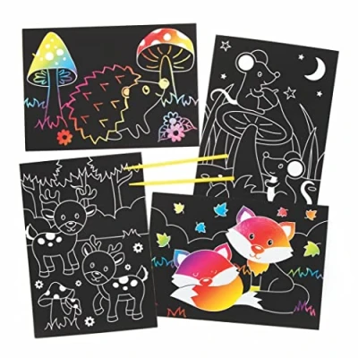 Image of Baker Ross FE712 Woodland Animal Scratch Art Pictures Pack of 8, Rainbow Art, Childrens Activity Packs, Creative Activities for Kids
