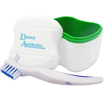 Image of Denture Bath &amp; Brush Storage Container for Soaking Dentures, with Double Bristle Head (Green Bath)