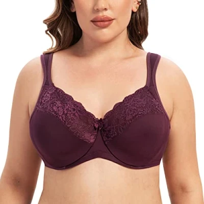 Image of MELENECA Women&#039;s Minimizer Bra Full Coverage Plus Size Underwire Lace Comfort Cushion Strap Grape Wine 38H