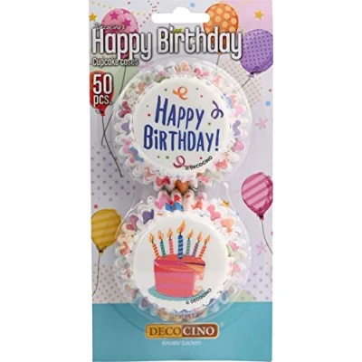 Image of DECOCINO Muffin Cases Happy Birthday Pack of 50 Diameter 5 cm Paper Cupcake with Various Designs as Ideal Baking Decoration for Children&#039;s Birthdays