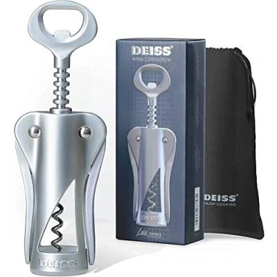 Image of Deiss LUX Wine Opener, All Metal Wing Corkscrew Bottle Opener with Built in Beer Ergonomic Cork Screw Corker, Silver Matte Coating, Velvet Storage Pouch, Perfect Gift