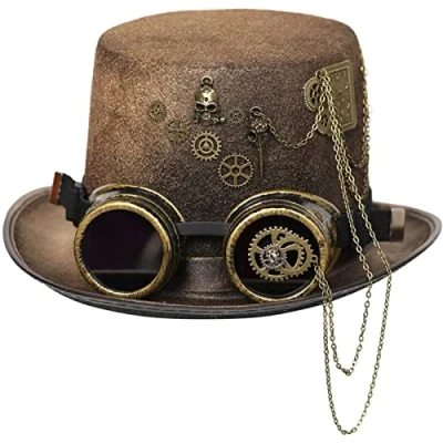 Image of Eiudxue Steampunk Men Hat With Goggles Gay Top Bowler Vintage Halloween Gothic Carnival Nightclub