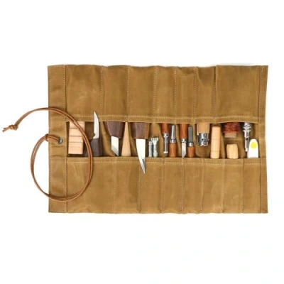 Image of TOURBON Waxed Canvas Roll up Pouch 15 Pockets Hand Tools Organizer Portable Screwdriver Wrench Storage Bag