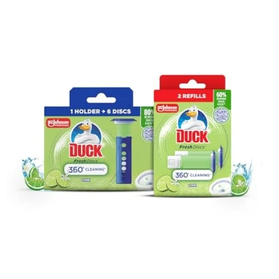 Image of Duck Fresh Discs Toilet Cleaner Starter Kit &amp; Refill Twin Pack, Fights Stains That Harbour Germs, Prevents Limescale Build Up, Lime Fragrance (Contains 1 x Holder + 3 Tubes)