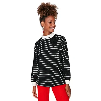 Image of Trendyol Women&#039;s High Neck Striped Regular Sweatshirt, Black, S