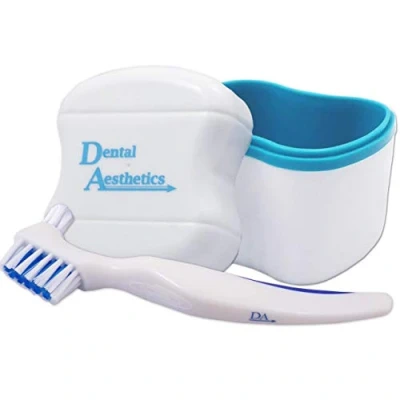 Image of Denture Bath &amp; Brush Storage Container for Soaking Dentures, with Double Bristle Head (Blue Bath)