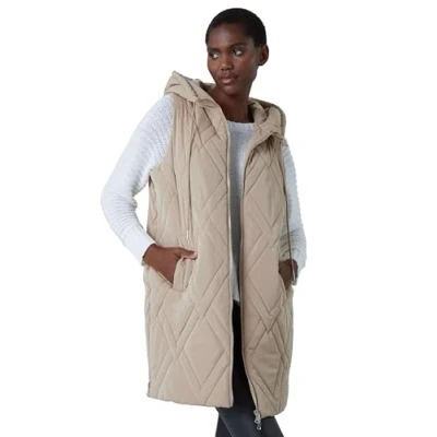 Image of Roman Originals Quilted Gilet with Hood for Women UK Ladies Sleeveless Coat Hooded Jacket Padded Bodywarmer Winter Lightweight Warm Autumn Funnel Neck Longline Soft Bubbly Beige Size S