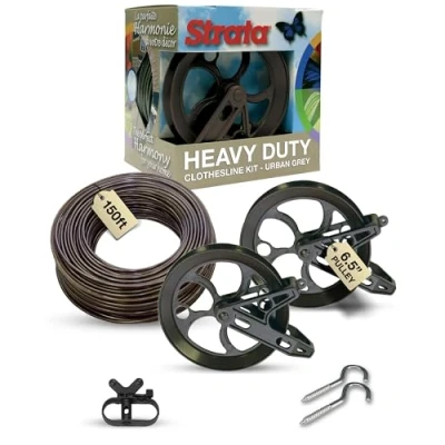 Image of Strata Mocha Harmony Clothesline Outdoor Heavy Duty Kit 150 Feet Galvanized Wire PVC Coating, 6.5&quot; Aged Bronze Pulley 2pcs, Metal Mini Winch Tightener 1pc &amp; 2 Hooks
