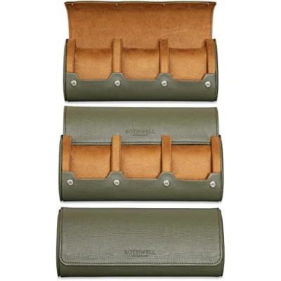 Image of ROTHWELL Watch Roll Travel Case for 3 Watches Tough Portable Protection, Fits All Wrist &amp; Smart Up to 50mm (Green/Tan)