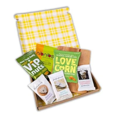 Image of Penny Post Just Add Cheese Letterbox Savoury Gift Hamper with Crackers, Nibbles &amp; Mini Wooden Board Foodie Set for Birthday, Thank You, Father’s Day or Christmas