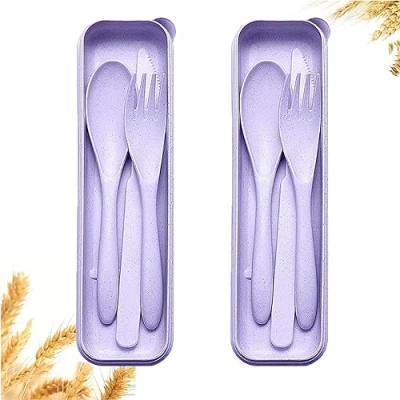Image of Portable Cutlery Set with Case, Reusable Plastic Knife Fork Spoon Tableware Set, Travel Utensils for Camping Picnic Office School or Daily Use (Purple)