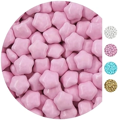 Image of EinsSein 0,5kg chocolate Stars sweets light pink glossy dragees favours for christmas baptism christening baby shower wedding alternative sugared almonds and hearts