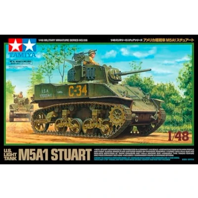 Image of TAMIYA 32606 1:48 US M5A1 Stuart Light Tank (1) Model Kit, Plastic Assembly Detailed Replica, Medium, Green