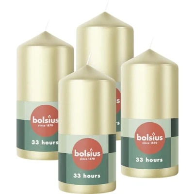 Image of Bolsius Pillar Candles Metallic Silver 4 Pack 12 x 6 cm Long Burning Time of 33 Hours Decorative Household Unscented Includes Natural Vegan Wax Without Palm Oil